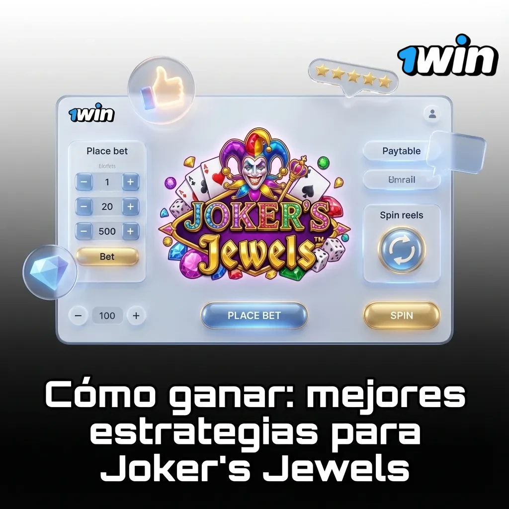 Ilustración de la tragamonedas Joker’s Jewels con un comodín y joyas, junto a íconos que representan consejos y estrategia de apuestas