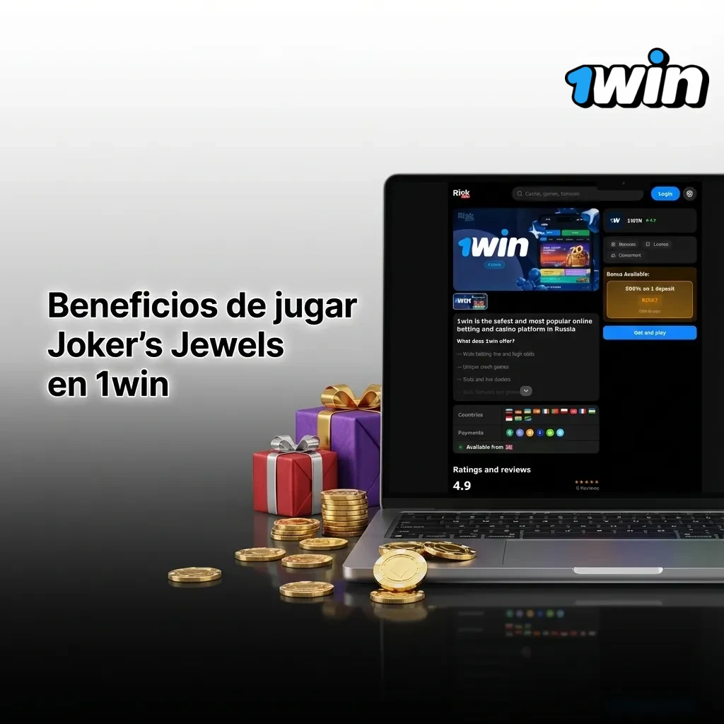 Banner de Joker's Jewels en 1win Argentina con lista de beneficios, RTP competitivo y acceso en móvil y PC