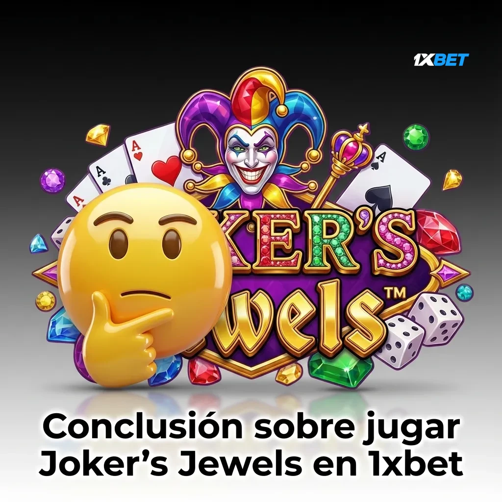 Pantalla de la slot Joker's Jewels en 1xbet, con símbolos retro brillantes y texto en español sobre bono y juego móvil