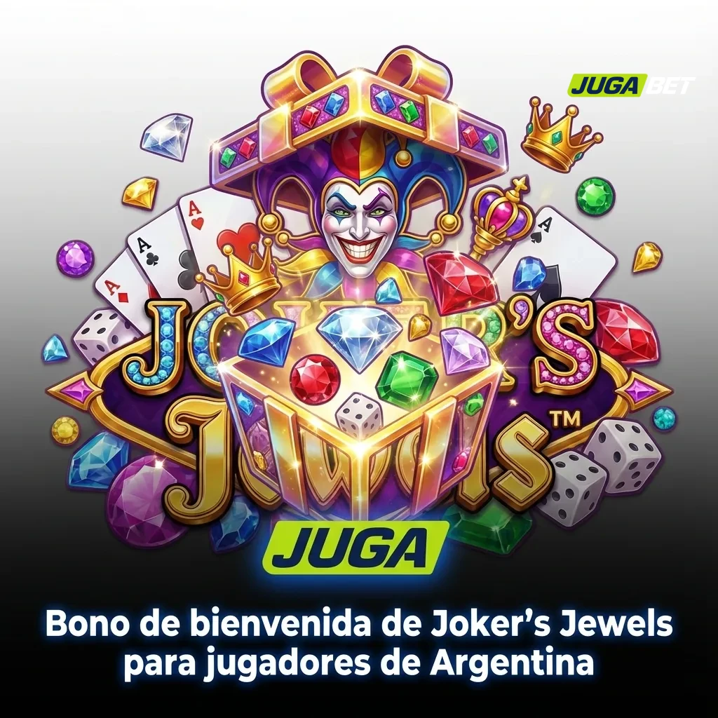 Banner de casino argentino promocionando bono de bienvenida 100% para jugar Joker’s Jewels, con pasos para reclamar la oferta