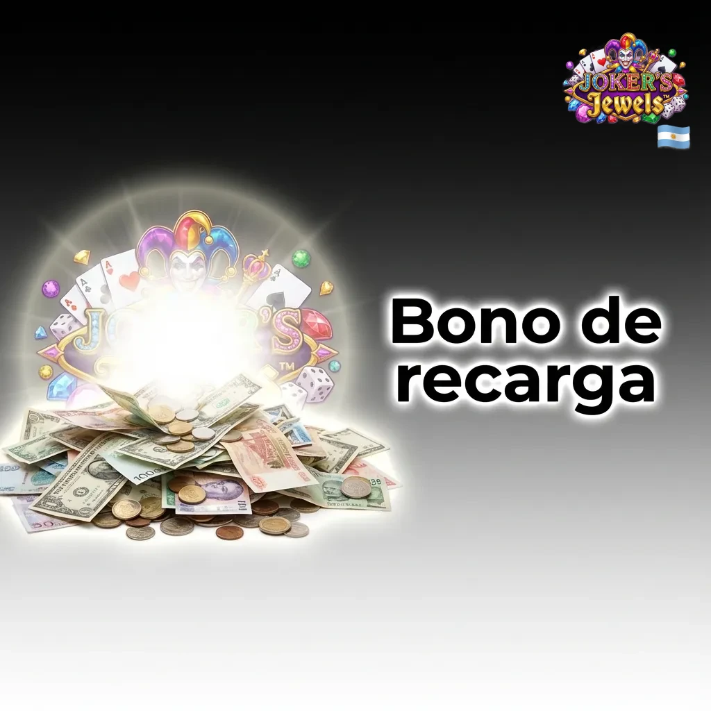 Ilustración de bono de recarga para Joker's Jewels, mostrando fichas de casino, monedas y porcentaje de bonificación