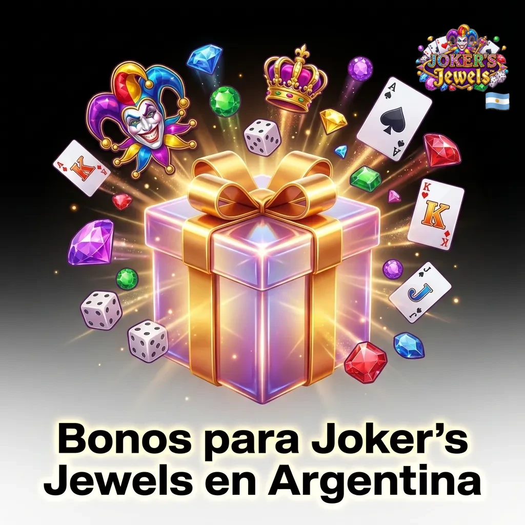 Banner en español sobre bonos para jugar Joker’s Jewels online en casinos de Argentina, con fichas, cartas y tragamonedas