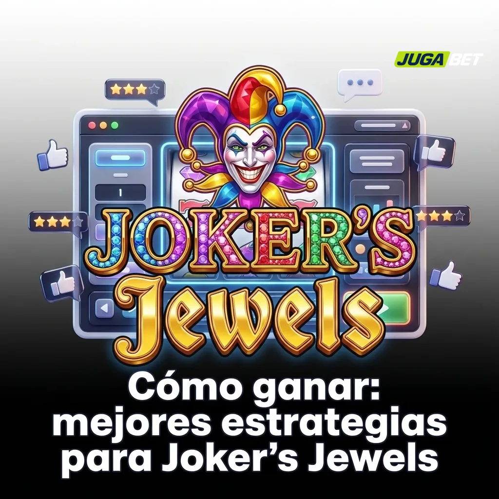 Ilustración de la tragamonedas Joker's Jewels con un comodín sonriente, joyas brillantes y fichas de casino en fondo oscuro