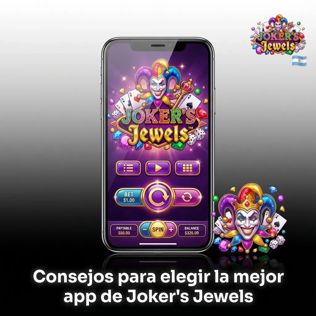 Ilustración de jugador comparando apps móviles de Joker’s Jewels en Argentina, con íconos de pagos, bonos y opiniones en pantalla