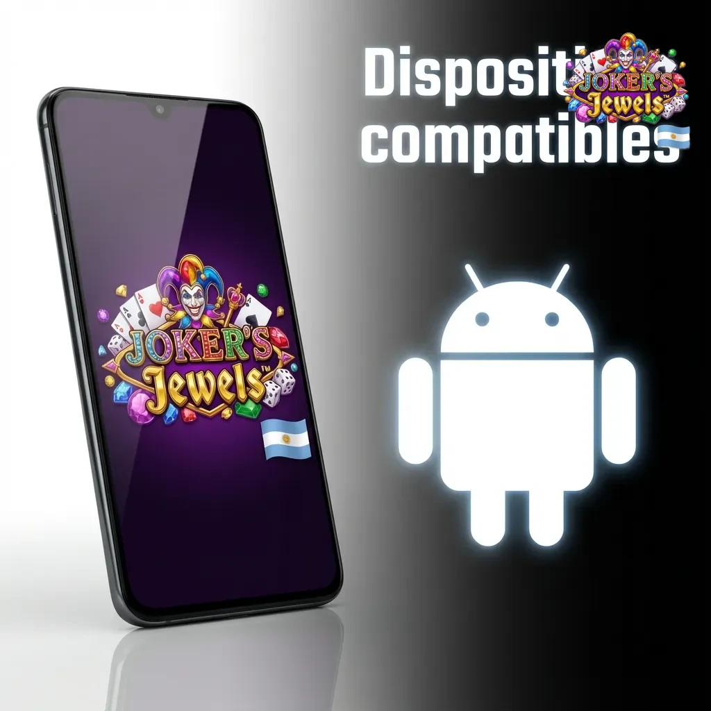 Ilustración de varios smartphones Android de distintas gamas mostrando la app de casino y el juego Joker’s Jewels funcionando
