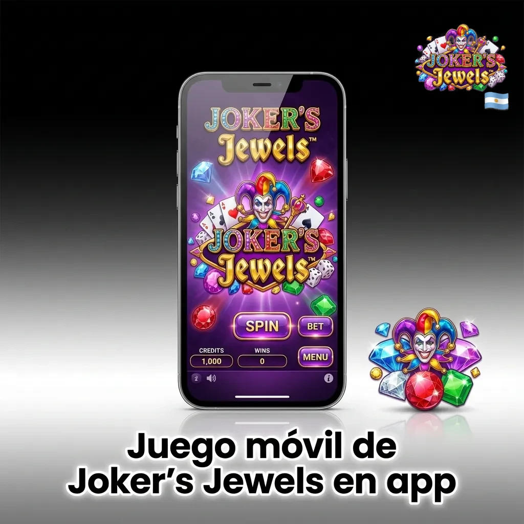 Teléfono móvil mostrando el juego Joker's Jewels en una app de casino, con íconos brillantes y pantalla táctil en uso