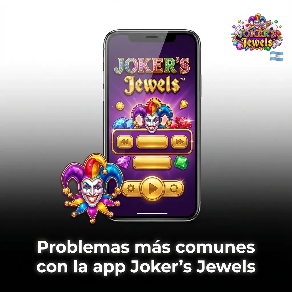 Ilustración de app Joker's Jewels en smartphone con lista de problemas comunes y soluciones en español