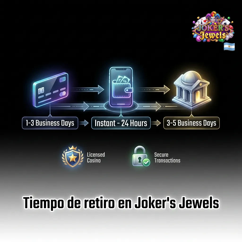 Infografía de tiempos de retiro en Joker’s Jewels según método: e‑wallet, cripto, banco y tarjeta, con reloj de espera
