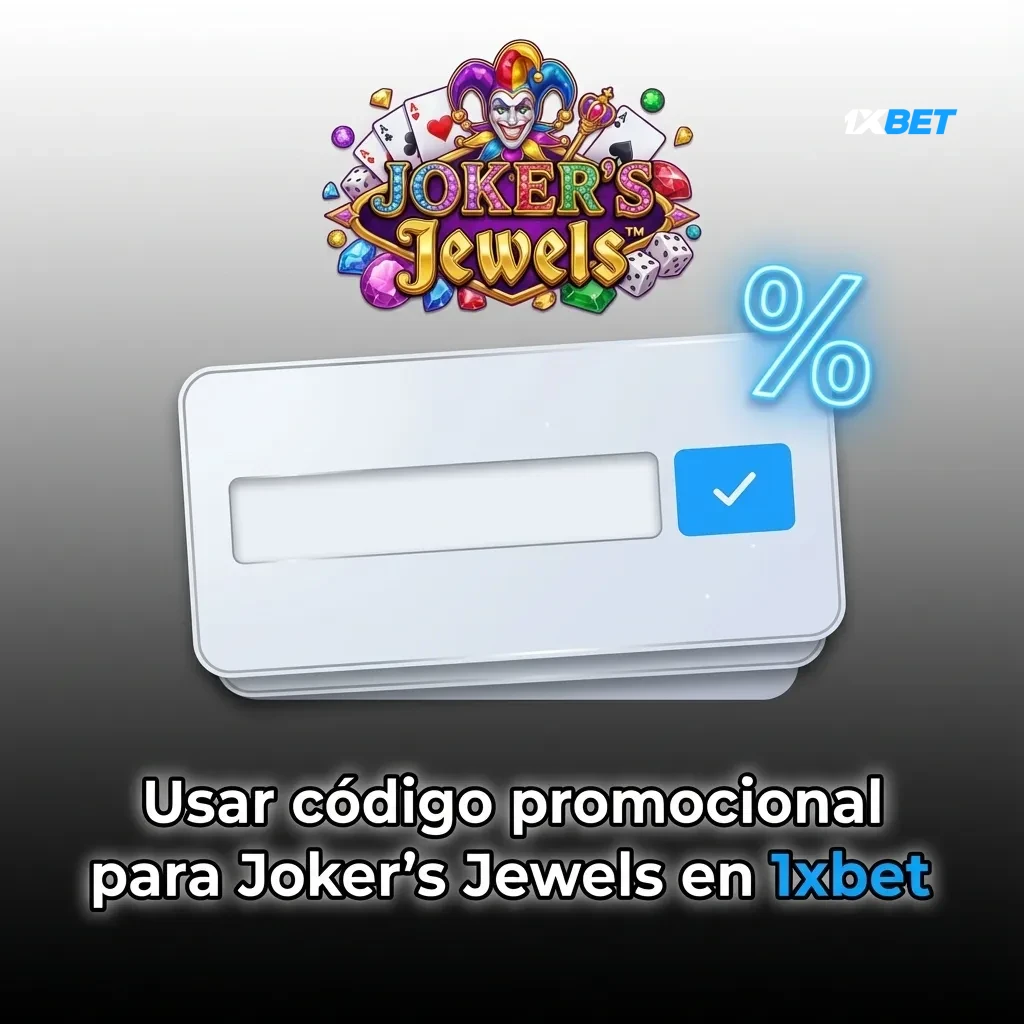 Pantalla de 1xBet mostrando campo para ingresar código promocional JEWELS2024 aplicado al slot Joker’s Jewels