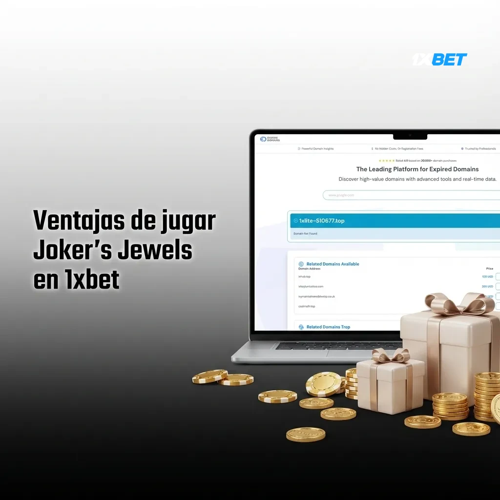 Banner de 1xbet mostrando la tragamoneda Joker's Jewels y lista de ventajas para jugadores de Argentina en español